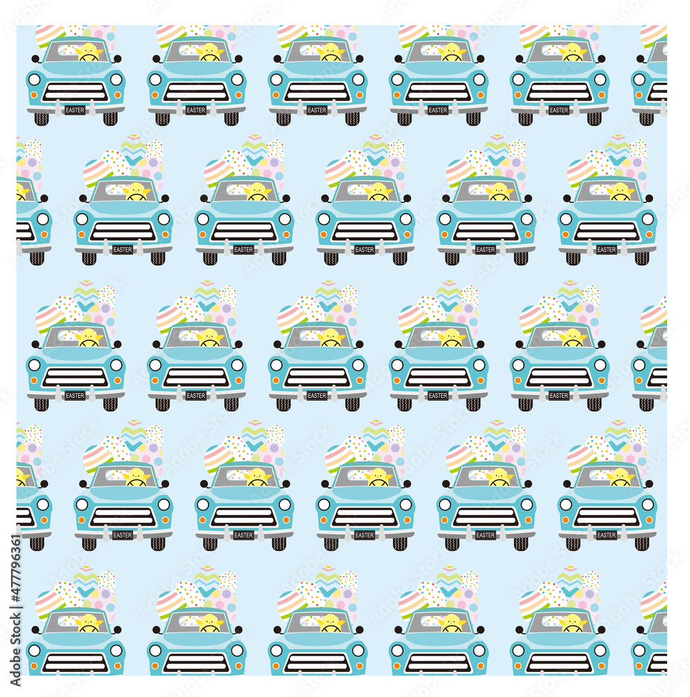 Obraz premium easter seamless pattern with car, chick and eggs