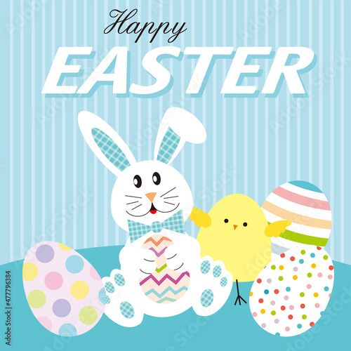 easter card with bunny, chick and eggs