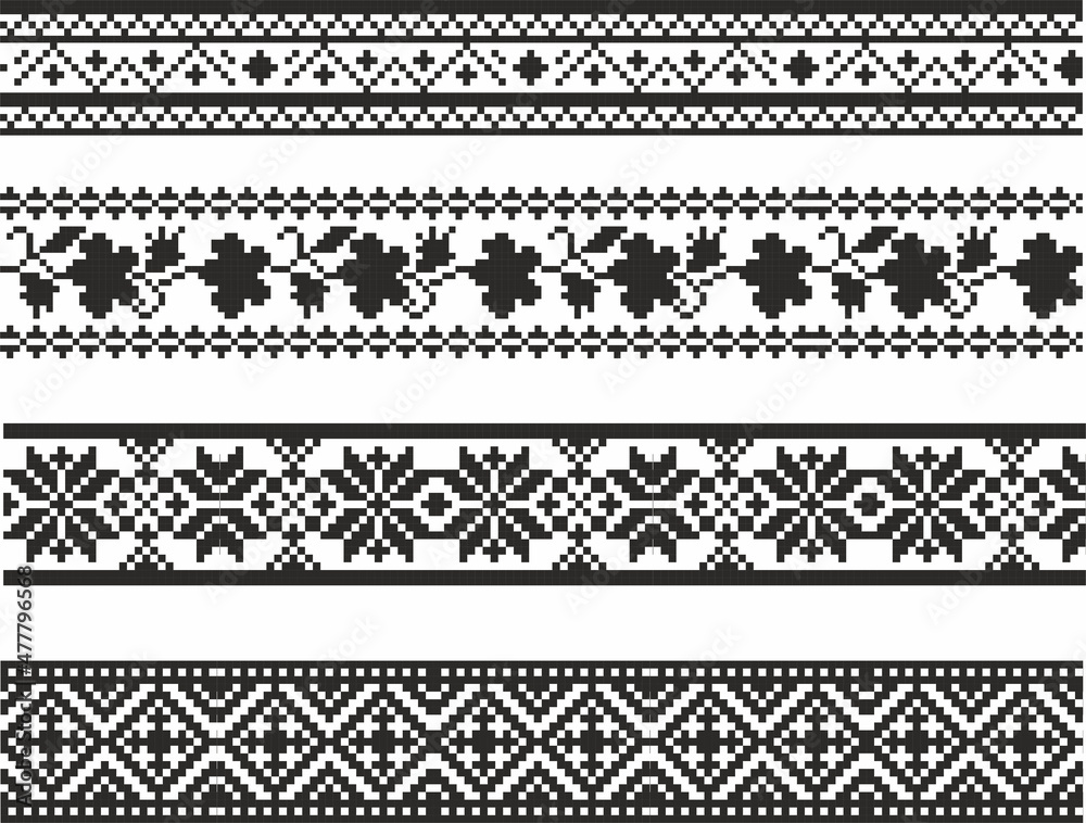 Vector set of monochrome seamless Ukrainian borders. Endless patterns of Slavic peoples, Russians, Belarusians, Bulgarians, Poles, Serbs. Cross-stitch, embroidery.

