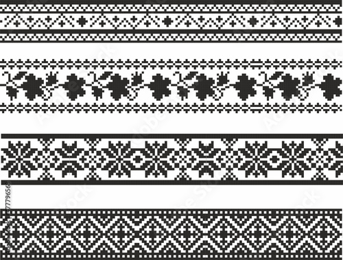 Vector set of monochrome seamless Ukrainian borders. Endless patterns of Slavic peoples, Russians, Belarusians, Bulgarians, Poles, Serbs. Cross-stitch, embroidery. 