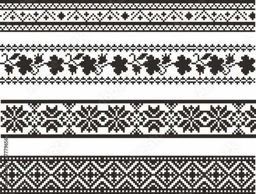 Vector set of monochrome seamless Ukrainian borders. Endless patterns of Slavic peoples, Russians, Belarusians, Bulgarians, Poles, Serbs. Cross-stitch, embroidery.
