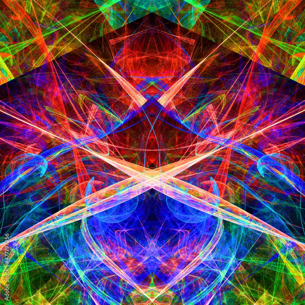 Composición de arte digital abstracto consistente en líneas curvas entrecruzadas en colores fluorescentes formando un todo con apariencia de ser cruces simétricos de trayectorias luminosas.