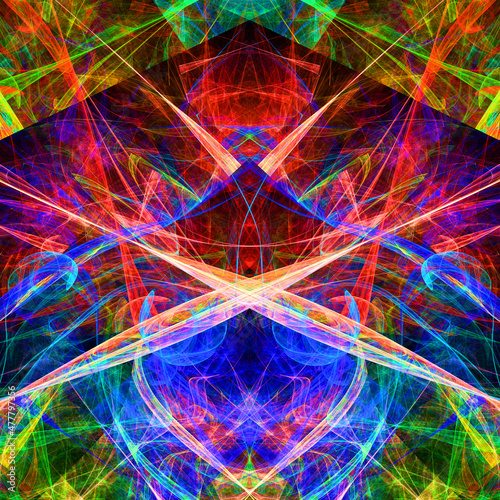 Fotografija Composición de arte digital abstracto consistente en líneas curvas entrecruzadas en colores fluorescentes formando un todo con apariencia de ser cruces simétricos de trayectorias luminosas