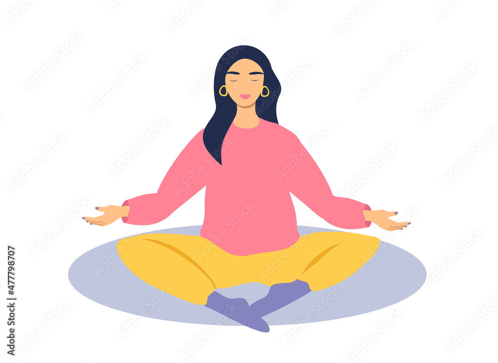 vector illustration on the theme of harmony, balance, pleasant emotions. girl meditates in the lotus position. flat style illustration - obrazy, fototapety, plakaty 