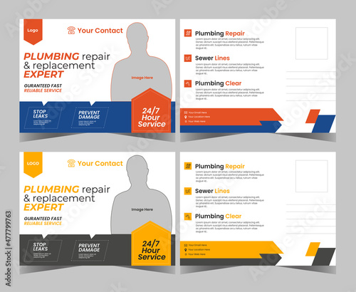 Real Estate home repair plumber postcard template with blue and orange elements.