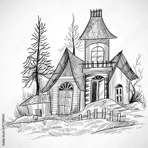 Hounted old house halloween sketch design