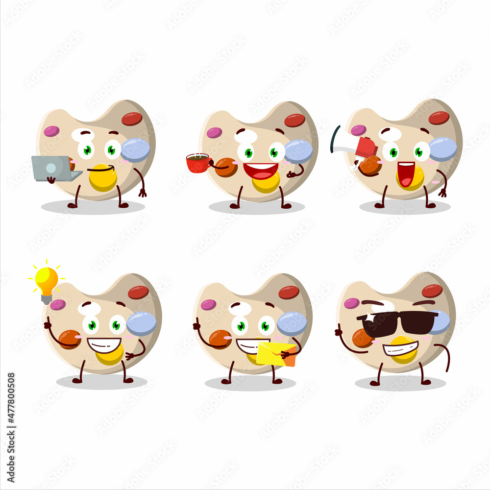 Paint palette cartoon character with various types of business emoticons