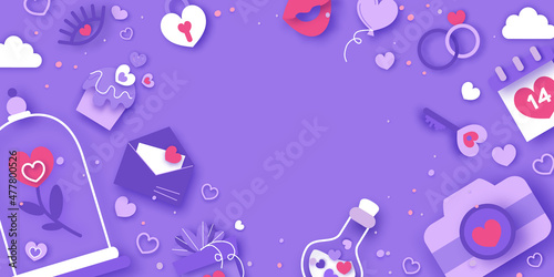 Happy Valentine's Day. Valentine day love beautiful. Hearts, Gift, flower, sweets, confetti, envelope on very peri background. Happy holidays. Love14 February paper cut concept