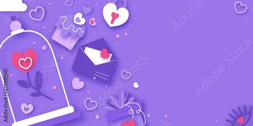 Happy Valentine's Day. Valentine day love beautiful. Hearts, Gift, flower, sweets, confetti, envelope on very peri background. Happy holidays. Love14 February paper cut concept