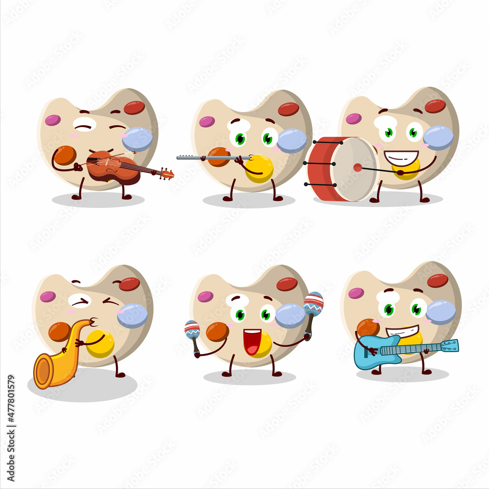 Fototapeta premium Cartoon character of paint palette playing some musical instruments