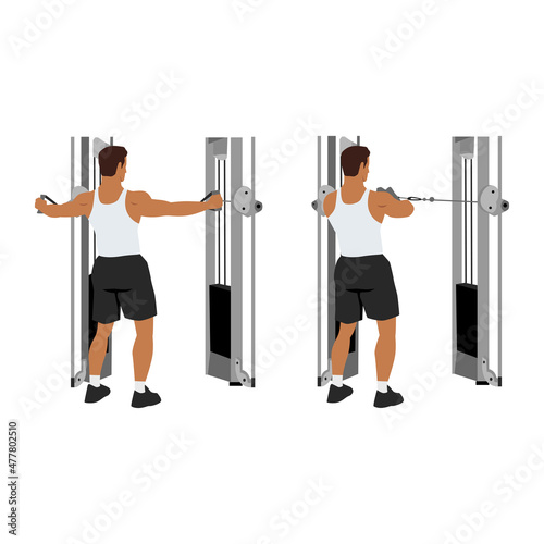 Man doing reverse cable flyes exercise. Flat vector illustration isolated on white background