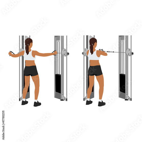Woman doing reverse cable flyes exercise. Flat vector illustration isolated on white background