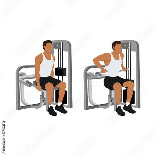 Man doing Assisted Machine seated tricep dips exercise. Flat vector illustration isolated on white background