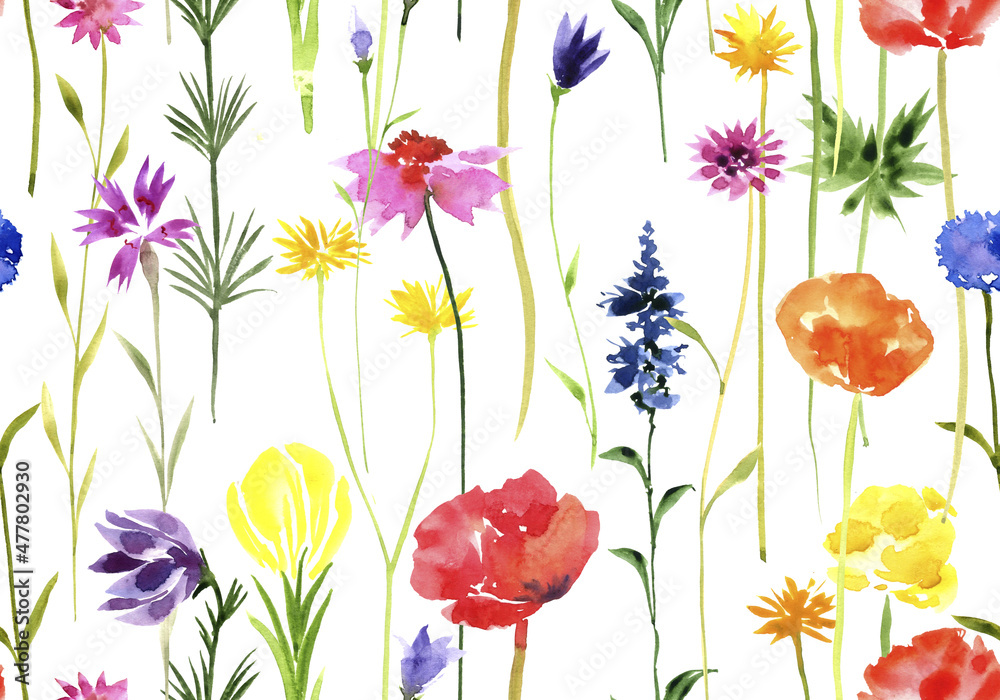 watercolor drawing seamless pattern with wild flowers at white background, hand drawn illustration watercolor drawing seamless pattern with wild flowers at white background, hand drawn illustration