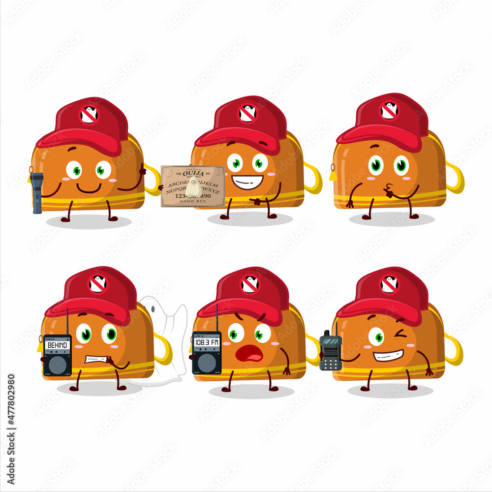 Ghost hunter cartoon orange pencil case character using camera Ghost hunter cartoon orange pencil case character using camera