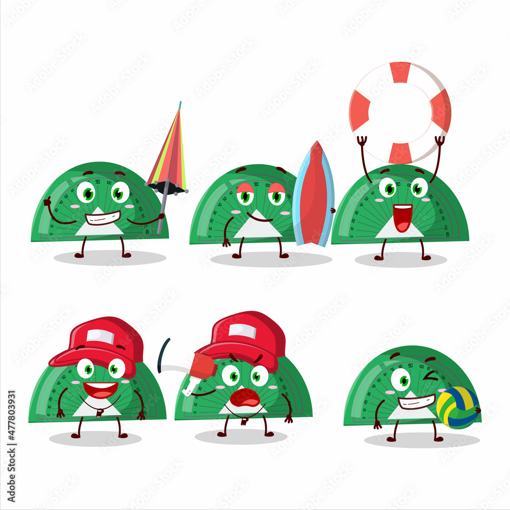 Happy Face green arc ruler cartoon character playing on a beach Happy Face green arc ruler cartoon character playing on a beach
