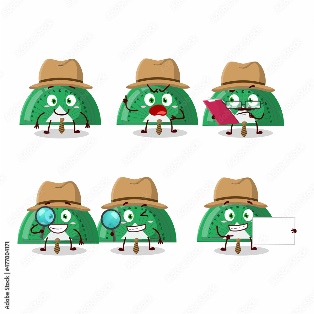 Detective green arc ruler cute cartoon character holding magnifying glass Detective green arc ruler cute cartoon character holding magnifying glass