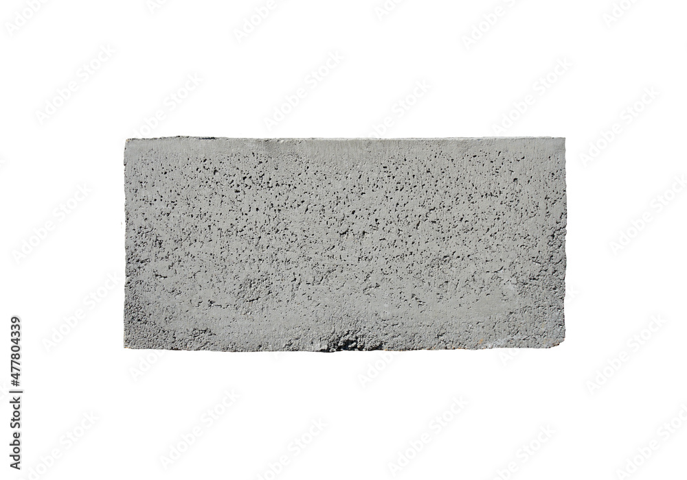 Obraz premium Rectangular concrete block isolated on white background. Gray masonry bricks, large and thick, are characterized by small pores scattered throughout the cube. Made from concrete mixed with sand.