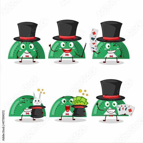 A green arc ruler Magician cartoon character perform on a stage