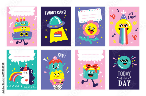 Set of birthday greeting card  gift tag with party funny and cute characters design. 