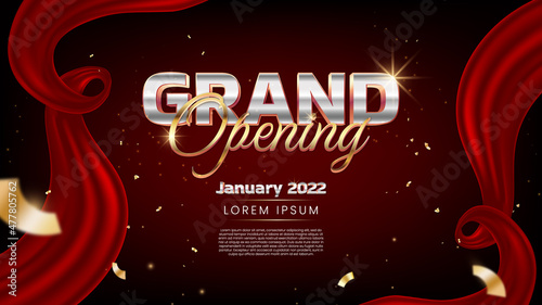 Realistic grand opening event design with red silk and golden confetti photo