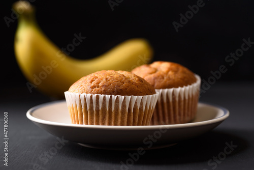 Healthy breakfast banana cake on black background