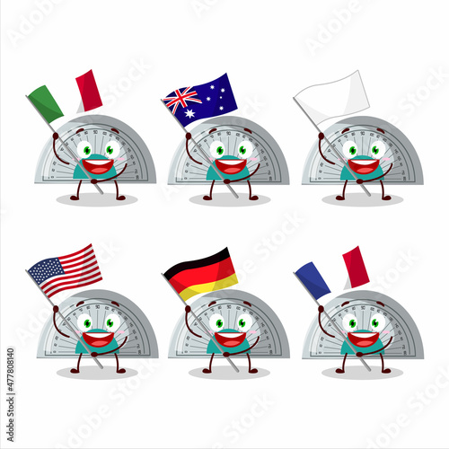 White arc ruler cartoon character bring the flags of various countries