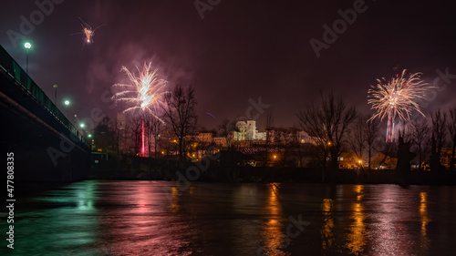 silvester fireworks over enns, upper austria, seen from ennsdorf with the river enns © Wolfgang