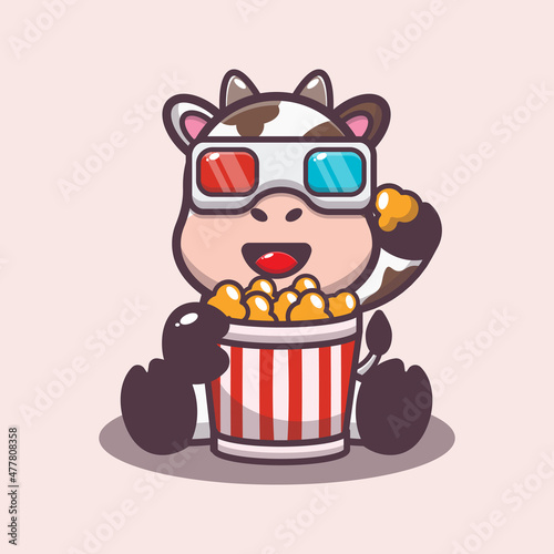Cute cow eating popcorn and watch 3d movie. Cute cartoon animal illustration.