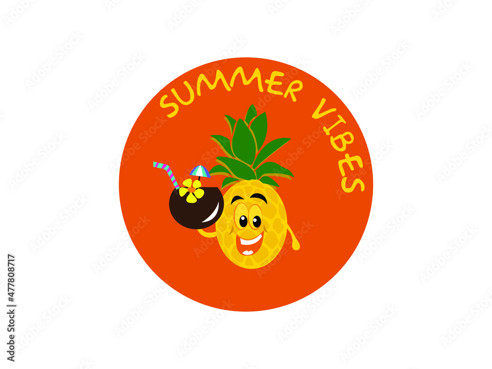 Cartoon Pineapple Summer fruits Vector illustration. Summer vibes, typography, t-shirt graphics, Tropical, sun, and fun, Enjoy