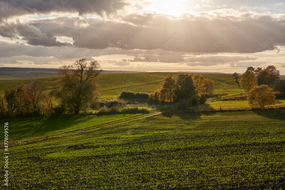 Obraz premium Landschaft am Haßbertrauf beim Fachwerkdorf Nassach im Naturpark Haßberge, Gemeinde Aidhausen, Landkreis Haßberge, Unterfranken, Franken, Deutschland