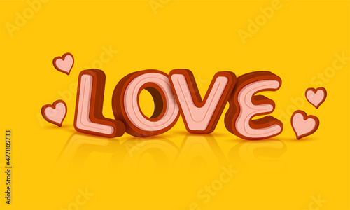 3D Love Font With Hearts Decorated On Yellow Background.