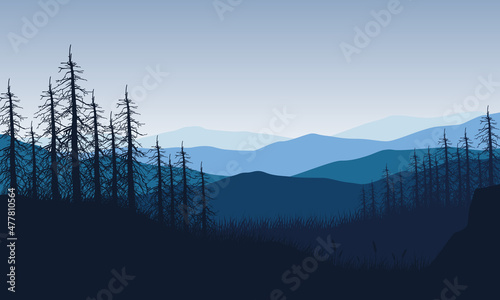 Canvas Print Aesthetic mountain view with tree silhouettes from the outskirts of the city