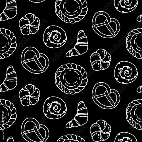 Bakery products pattern. Croissant, pretzel, snail bun, pie. Vector illustrtion