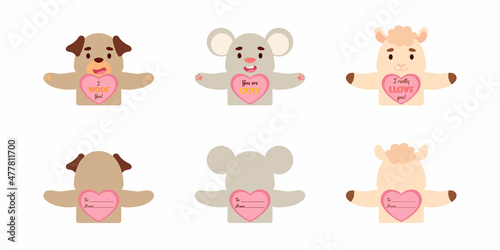 Cute animal Valentines Day gift cards candy holder cards for kids. Great gift option school classroom prizes, Valentine party favors, gift exchange, love notes and more. Vector stock illustration