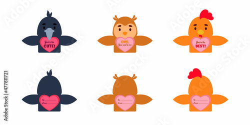 Valentines Day cute animal gift cards candy holder cards for kids. Great gift option school classroom prizes, gift exchange, Valentine party favors, love notes and more. Vector stock illustration