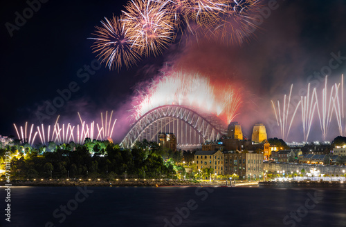 Sydney Harbour Bridge New Years Eve fireworks, colourful fire works lighting the night skies with vivid multi colours