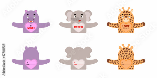Cute animal Valentines Day gift cards candy holder cards for kids. Great gift option school classroom prizes, Valentine party favors, gift exchange, love notes and more. Vector stock illustration