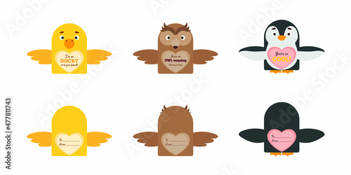 Cute animal Valentines Day gift cards candy holder cards for kids. Great gift option gift exchange, school classroom prizes, Valentine party favors, love notes and more. Vector stock illustration