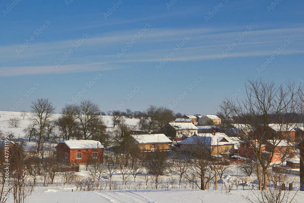 rural landscape in winter,rural houses in ukraine in winter