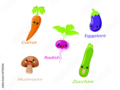 Cute Vegetables Vector illustration. Cute Vegetable Cartoon Name emoji symbol. Kids Nursery isolated on white background, Clip Art 
