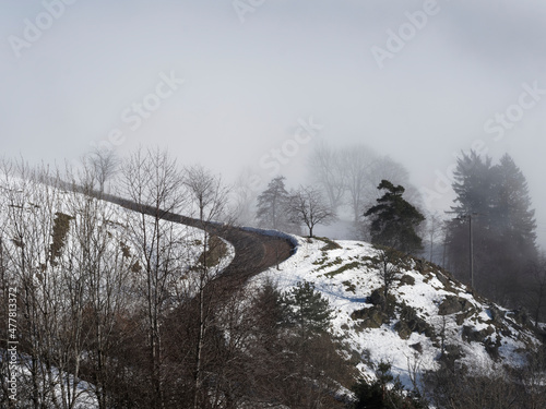 Winter im Zeller Bergland im Südschwarzwald. Kleine romantische Straße nach Adelsberg bei Schnee und Nebel photo