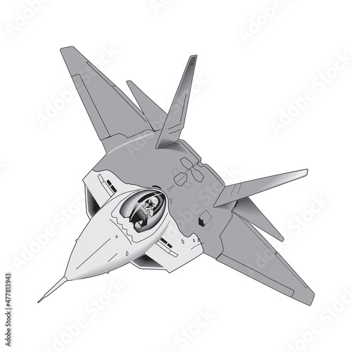 F-22 raptor. Cartoon character isolated on white background. Colorful design for kids activity book, coloring page, colouring picture. Vector illustration