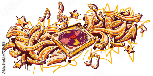 Turntable with graffiti arrows and musical notes, colorful funky music design