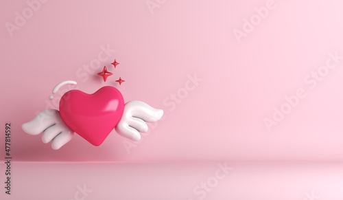 Canvas Print Happy Valentines day background with heart wing, copy space text, 3D rendering i