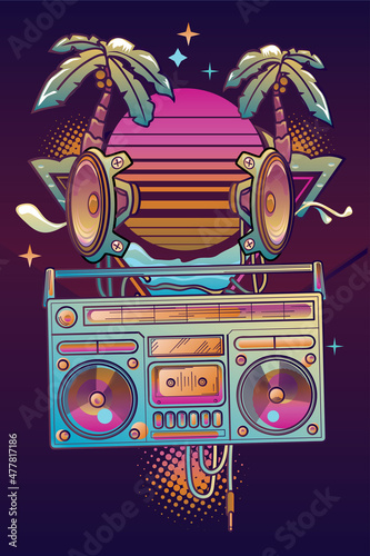 Boom box, speakers and palms on sunset - retro wave electronic music design