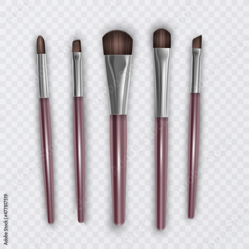 Makeup brush mockups of beauty cosmetics 3d design. Blush for eyeshadow and contour, eyebrow comb, foundation, concealer and bronzer, vector illustration