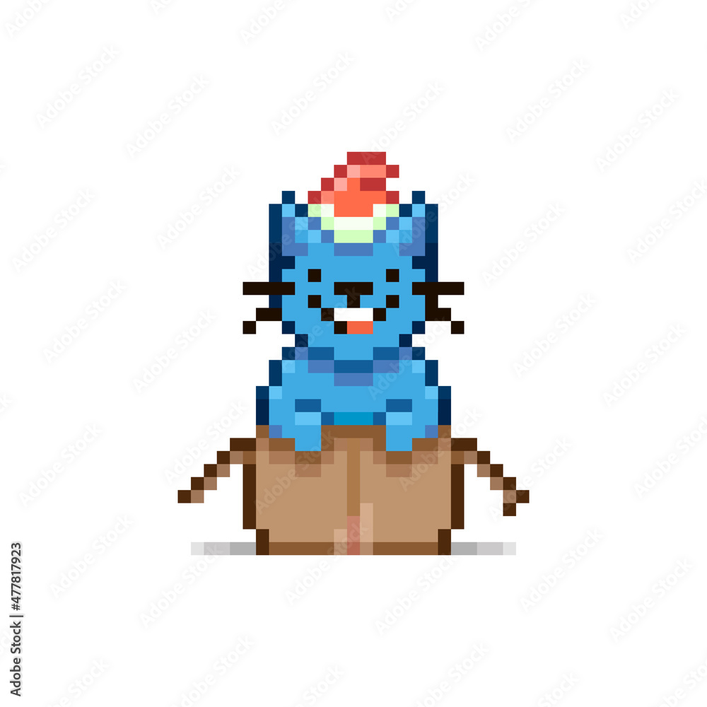colorful simple flat pixel art illustration of cartoon smiling blue cat in red santa hat sitting in an open cardboard box