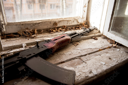 Kalashnikov assault rifle. armed ambush, guerrilla warfare. urban war. Russian ak-74 assault rifle photo