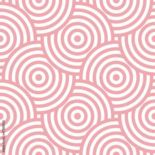 Pink overlapping concentric circles on white background seamless pattern. Vector illustration for prints, cover, fabric, textile and more